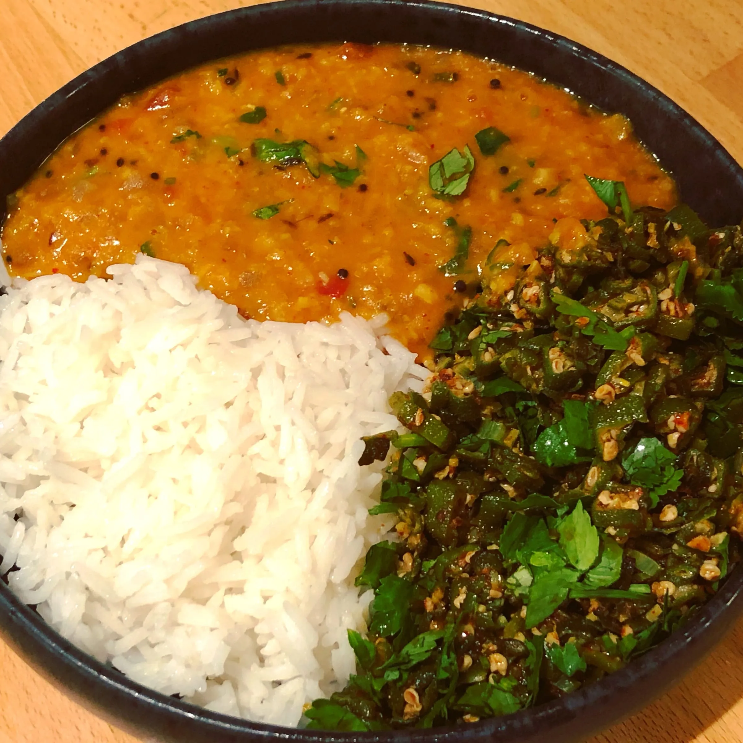 Garlic Dal Tadka with Bhindi and Rice